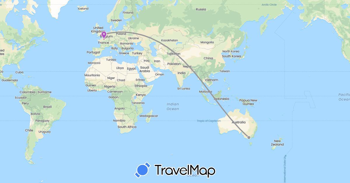 TravelMap itinerary: driving, plane, train in Australia, France, United Kingdom (Europe, Oceania)